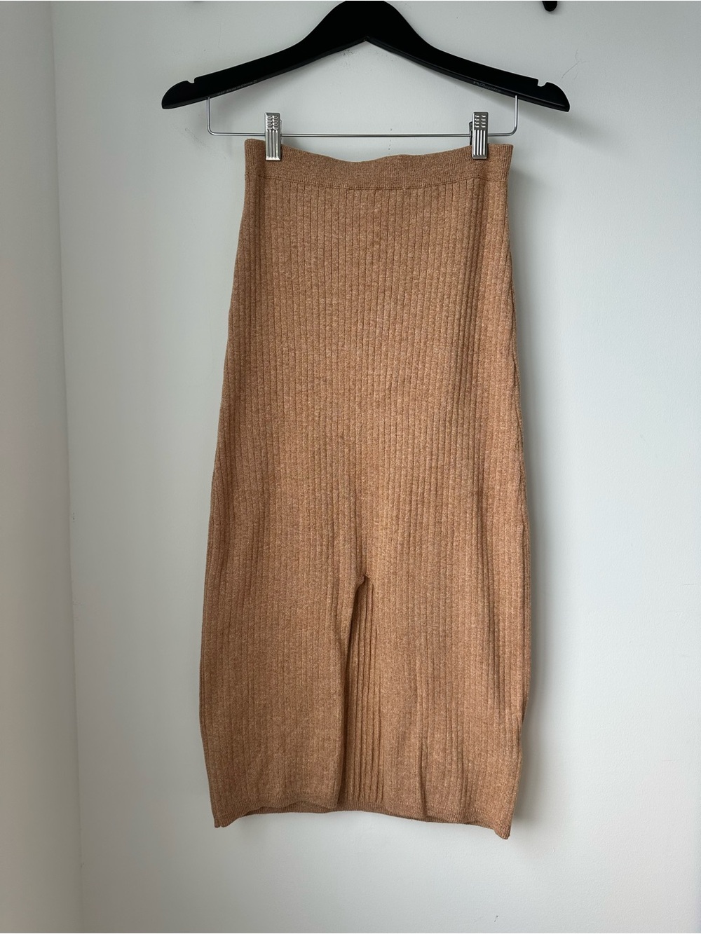 Free People Ribbed Knit High Waist Midi Skirt in Camel Tan With Front Slit